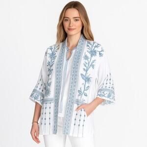 JOHNNY WAS Embroidered 100% Linen Kimono Jacket White Blue Floral Size L Boho